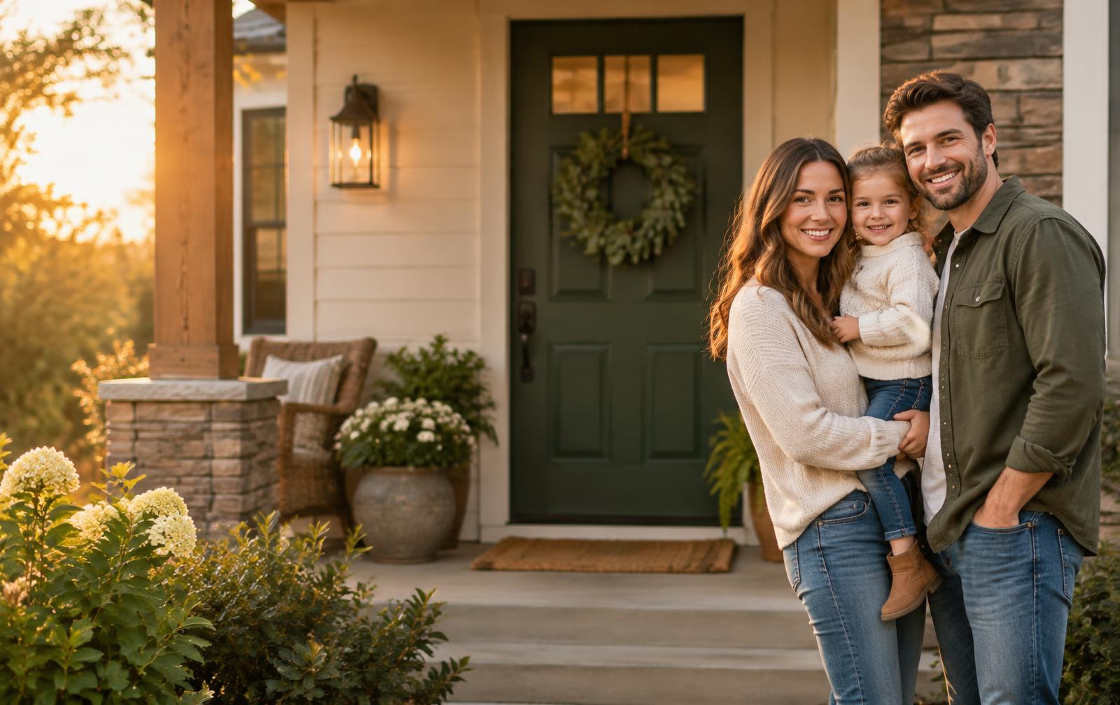Family on the porch of their new home at sunset