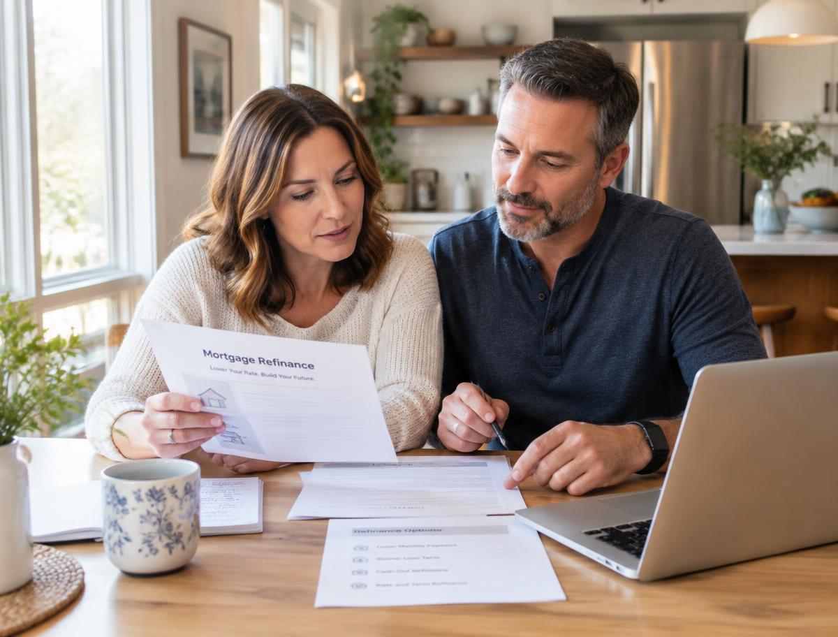 Couple reviewing refinance paperwork at their kitchen table